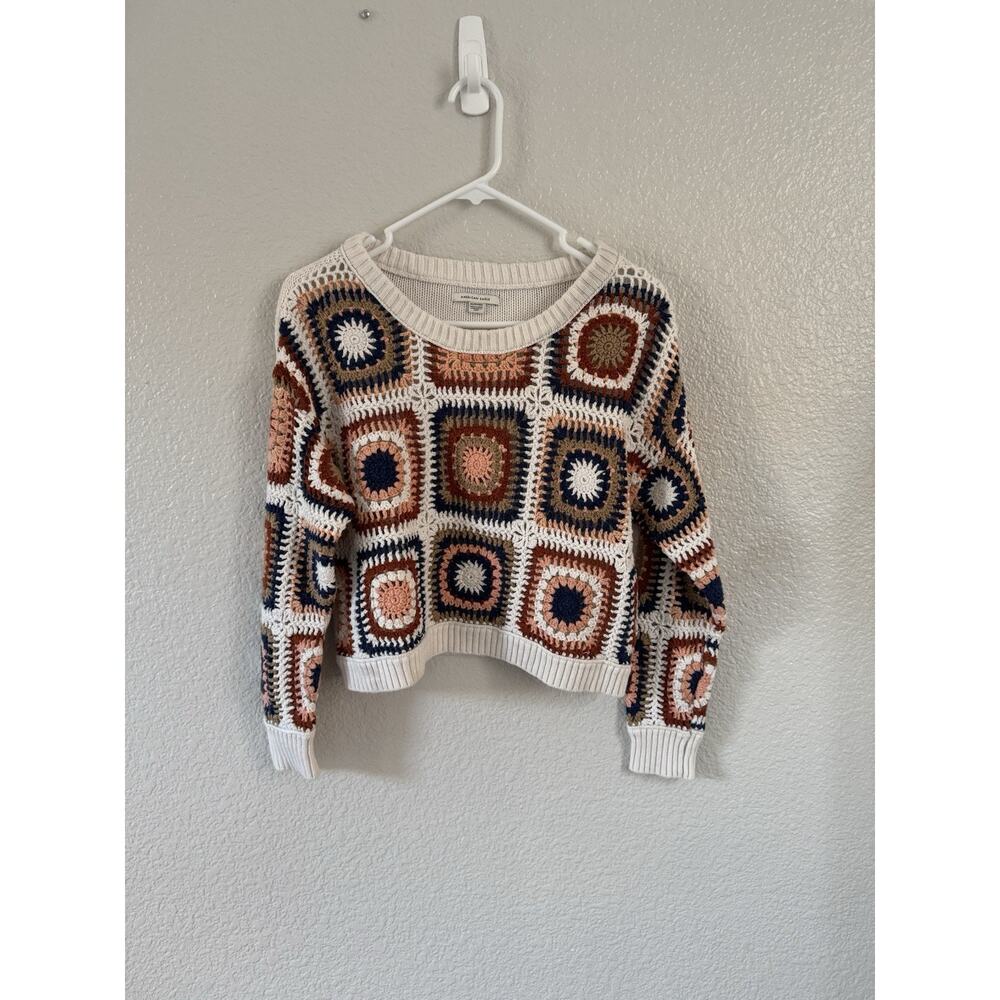 American Eagle Crochet Sweater XS GUC Cream Granny Square Boho Crop Knit - Picture 3 of 8